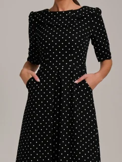 Printed Scuba Fold Collar Midi Dress, Black Polka Dot