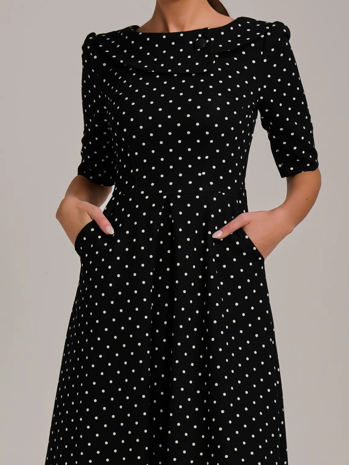 Printed Scuba Fold Collar Midi Dress, Black Polka Dot
