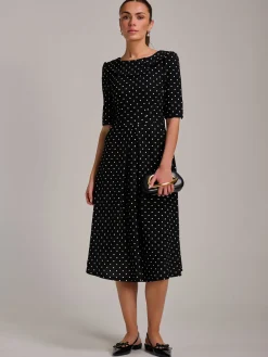 Printed Scuba Fold Collar Midi Dress, Black Polka Dot