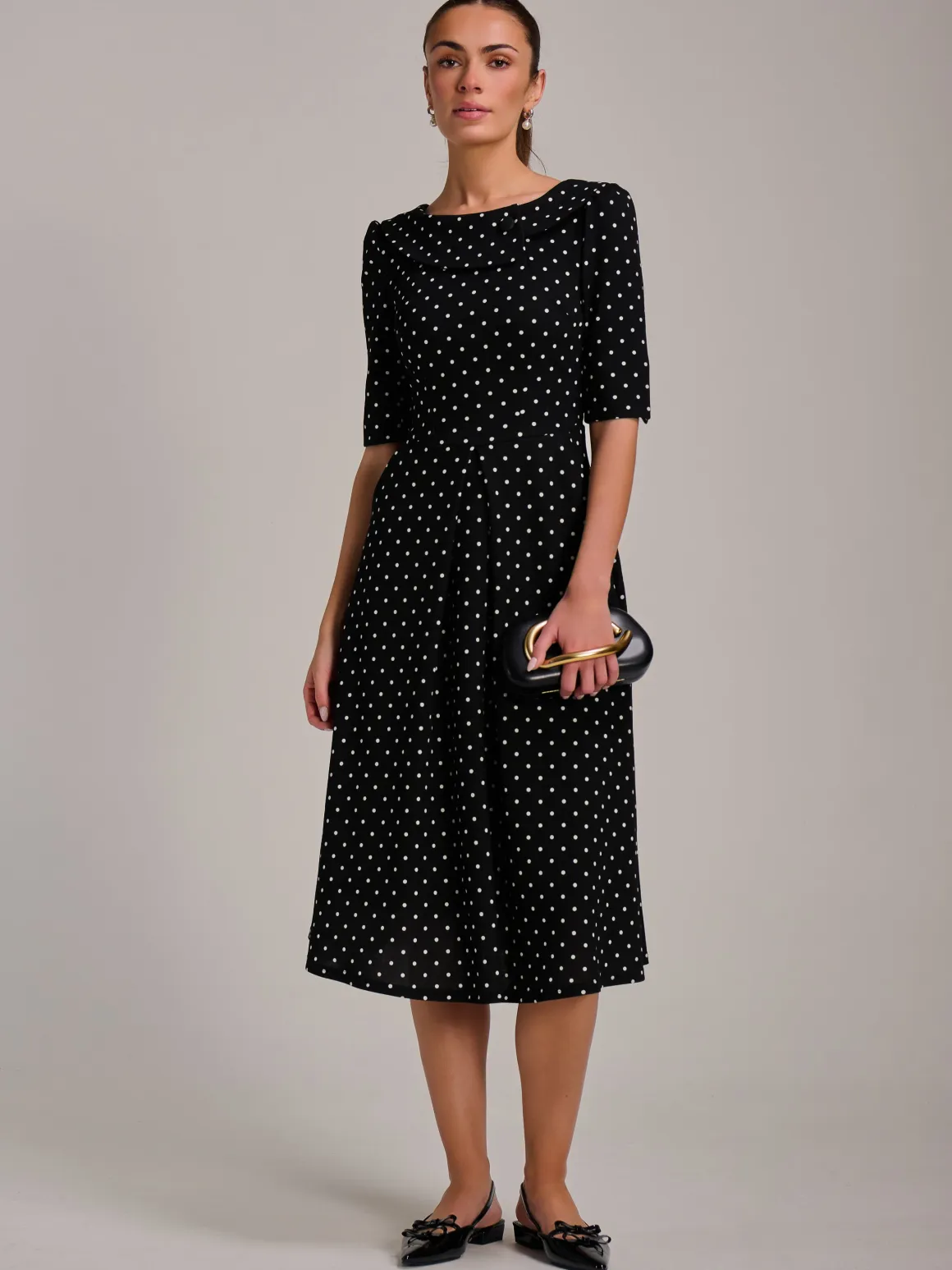 Printed Scuba Fold Collar Midi Dress, Black Polka Dot
