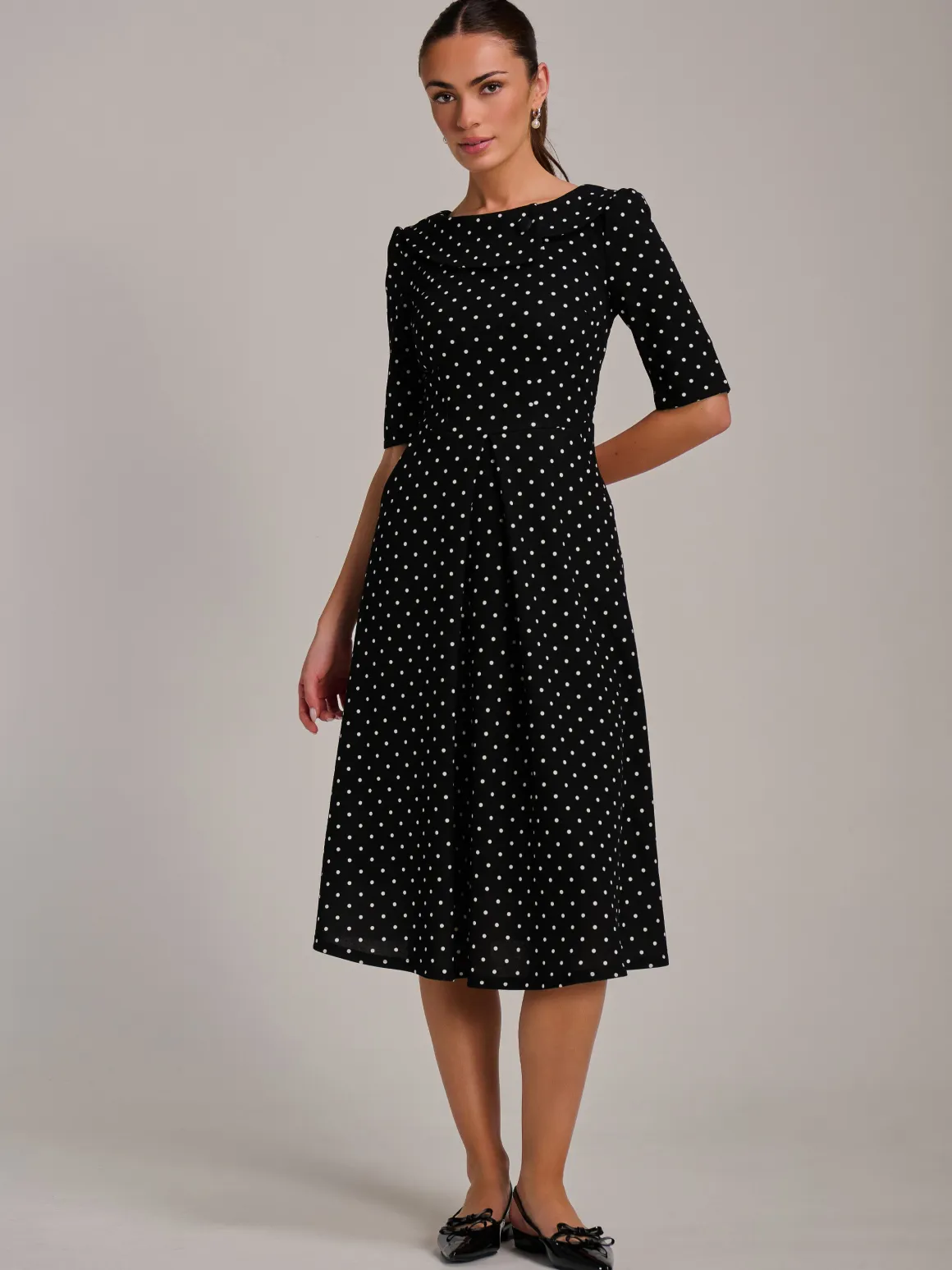 Printed Scuba Fold Collar Midi Dress, Black Polka Dot