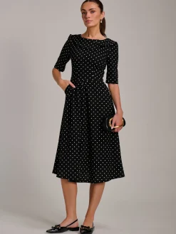 Printed Scuba Fold Collar Midi Dress, Black Polka Dot