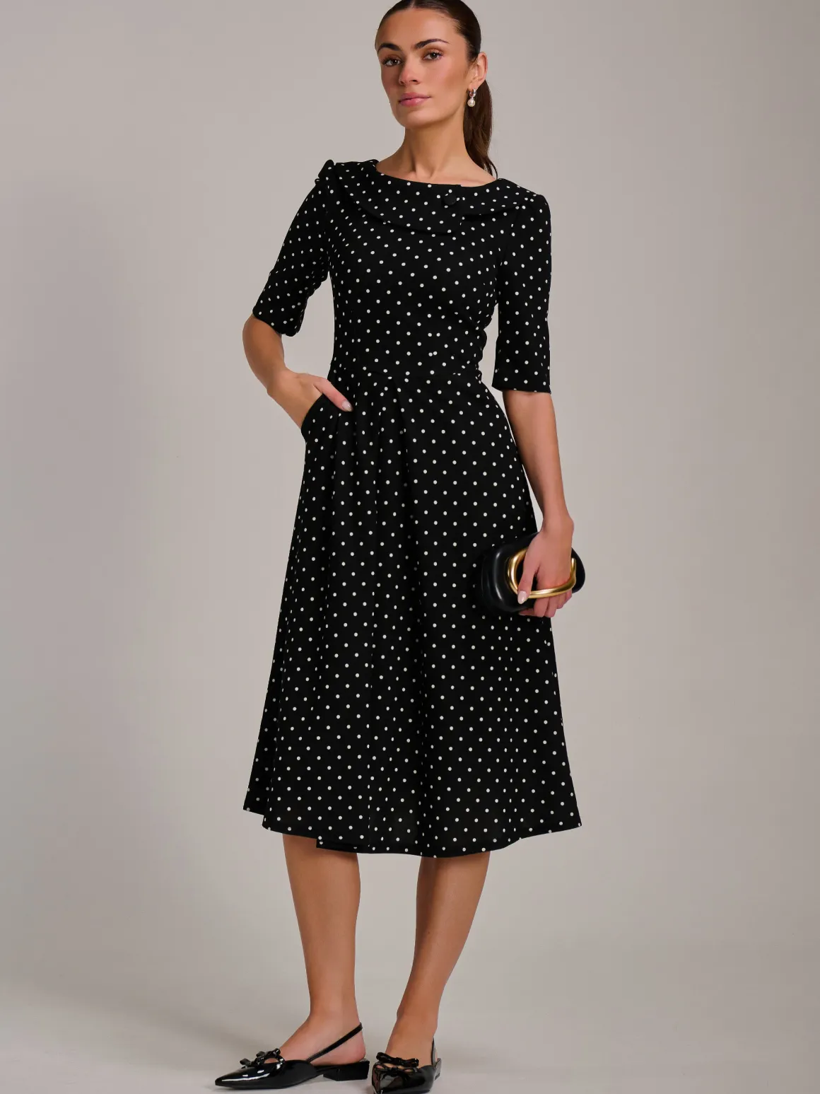 Printed Scuba Fold Collar Midi Dress, Black Polka Dot
