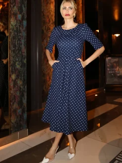 Printed Scuba Fold Collar Midi Dress, Navy Polka Dot