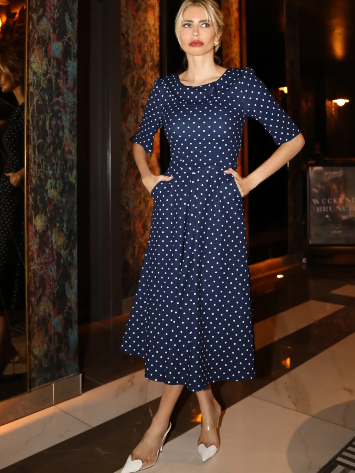 Printed Scuba Fold Collar Midi Dress, Navy Polka Dot