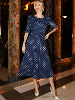 Printed Scuba Fold Collar Midi Dress, Navy Polka Dot