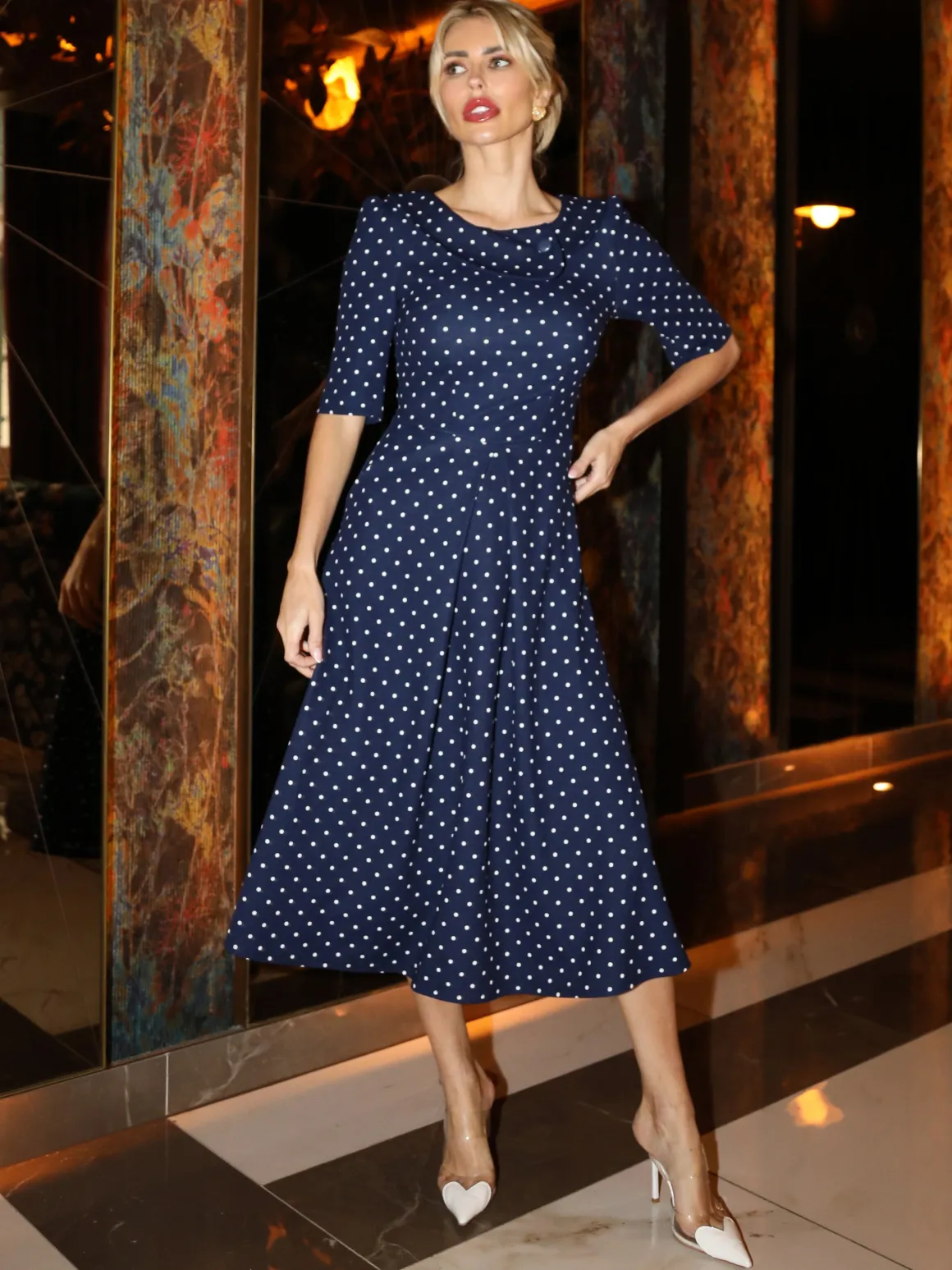 Printed Scuba Fold Collar Midi Dress, Navy Polka Dot