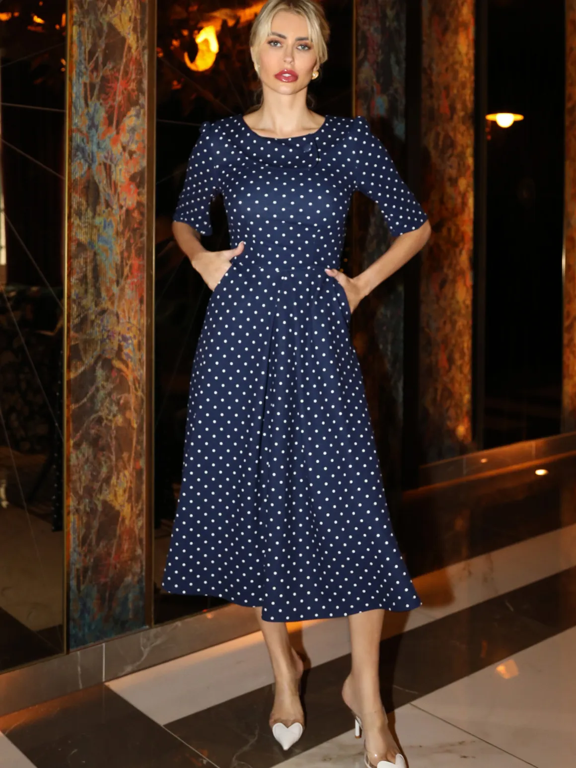 Printed Scuba Fold Collar Midi Dress, Navy Polka Dot
