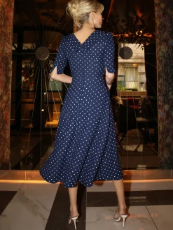 Printed Scuba Fold Collar Midi Dress, Navy Polka Dot