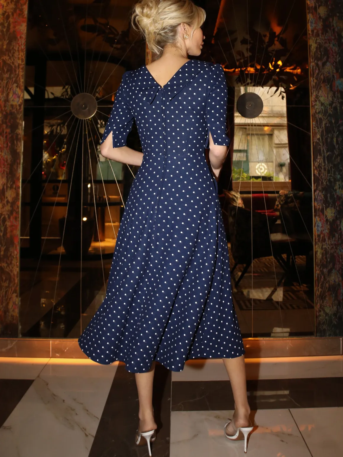 Printed Scuba Fold Collar Midi Dress, Navy Polka Dot