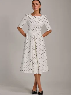 Printed Scuba Fold Collar Midi Dress, White Polka Dot