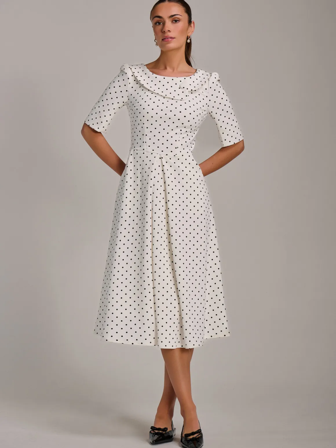 Printed Scuba Fold Collar Midi Dress, White Polka Dot