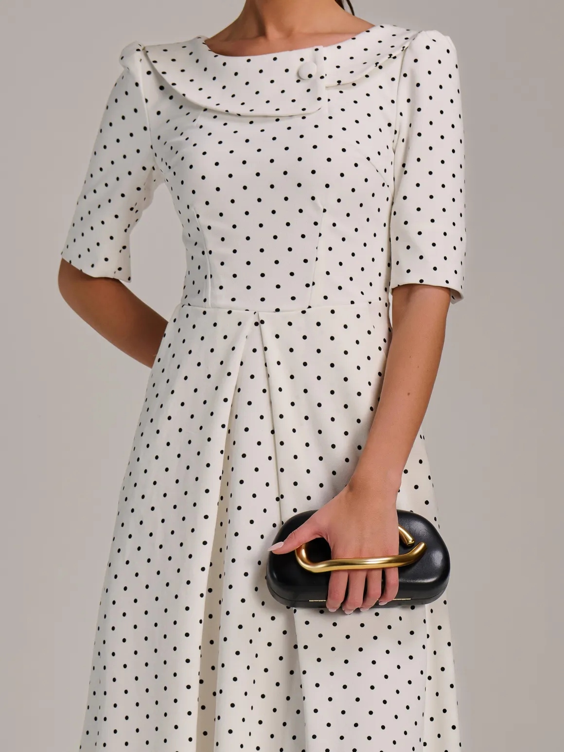 Printed Scuba Fold Collar Midi Dress, White Polka Dot