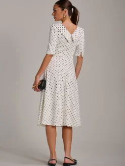 Printed Scuba Fold Collar Midi Dress, White Polka Dot