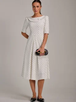 Printed Scuba Fold Collar Midi Dress, White Polka Dot
