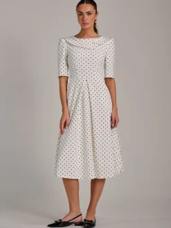 Printed Scuba Fold Collar Midi Dress, White Polka Dot