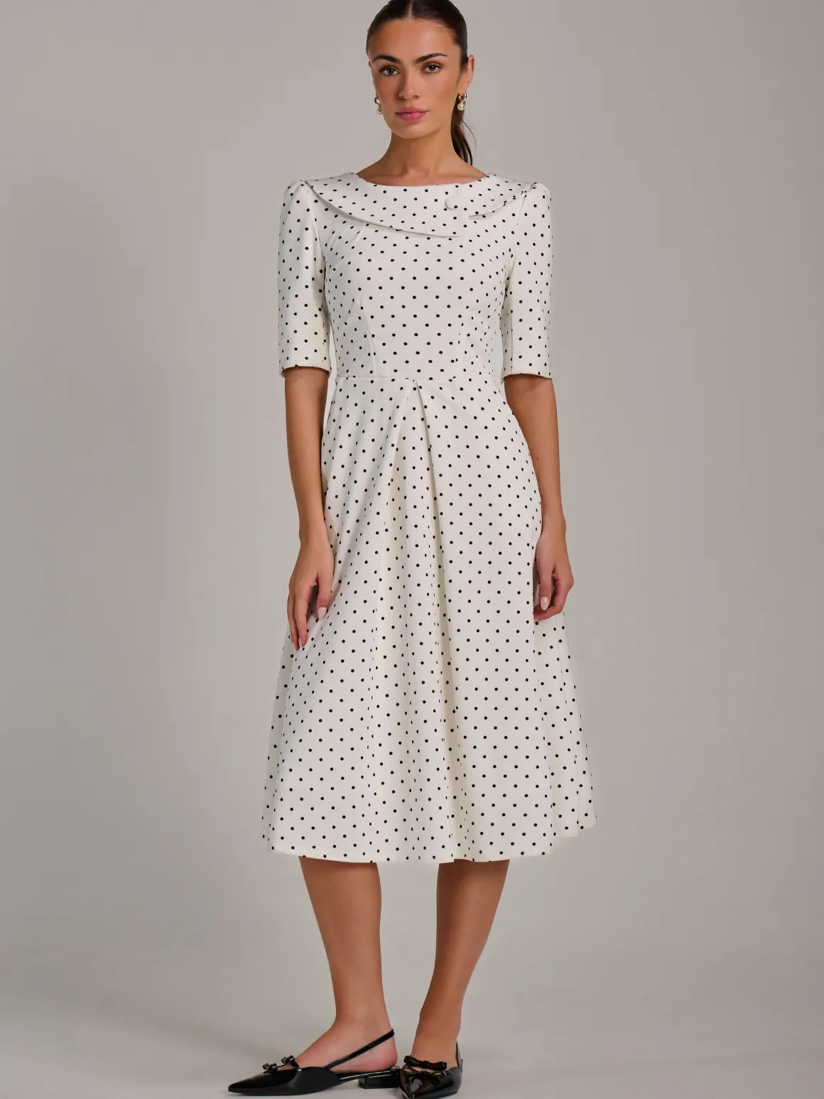 Printed Scuba Fold Collar Midi Dress, White Polka Dot