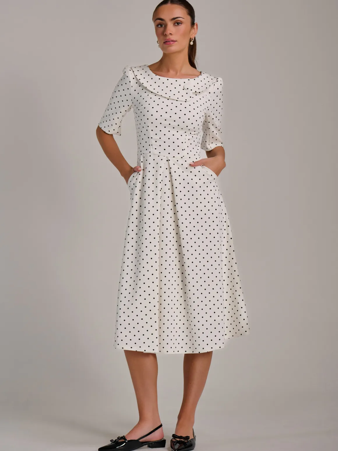 Printed Scuba Fold Collar Midi Dress, White Polka Dot