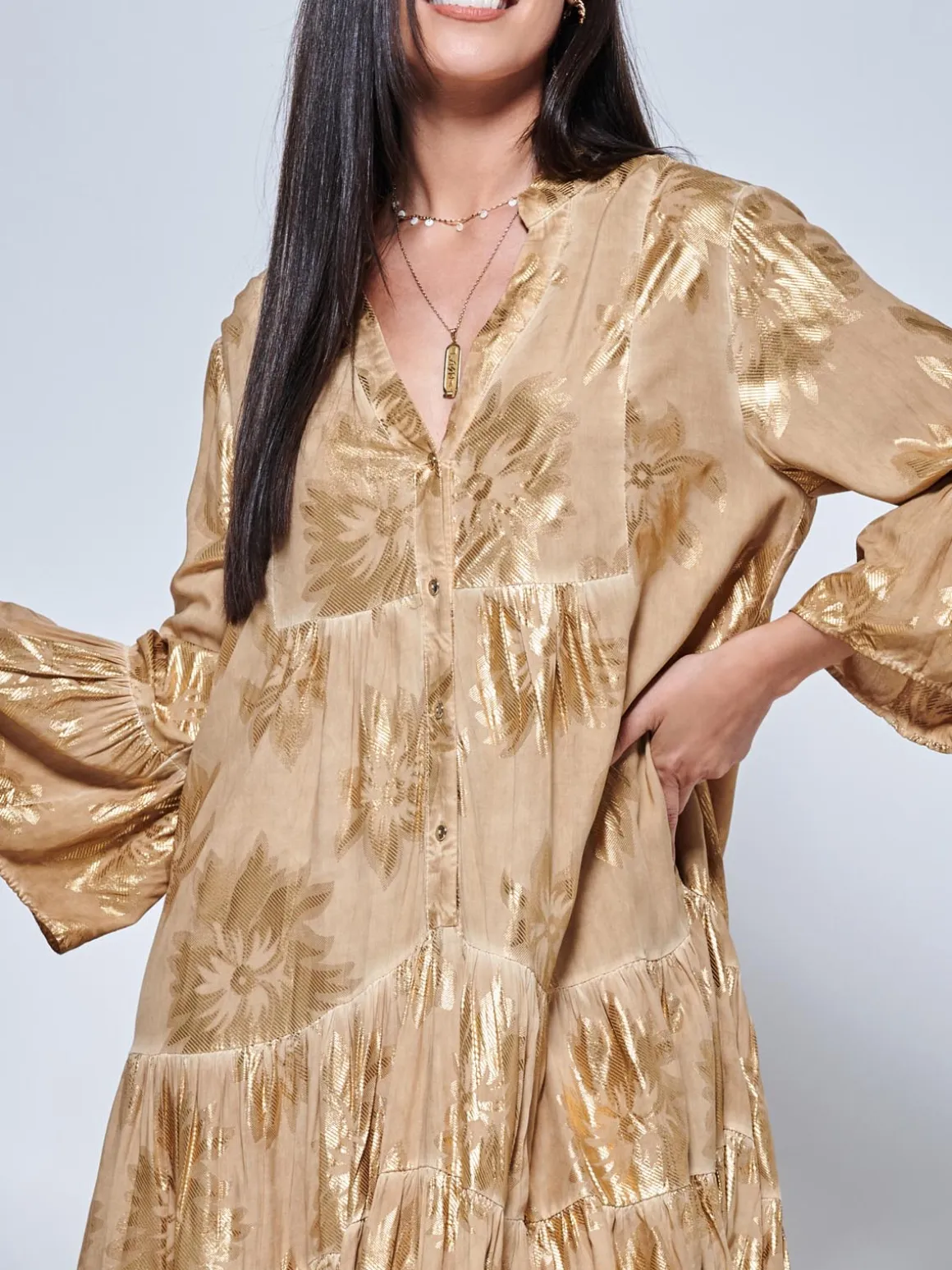 Printed Tiered Hem Holiday Midi Dress, Khaki Pattern