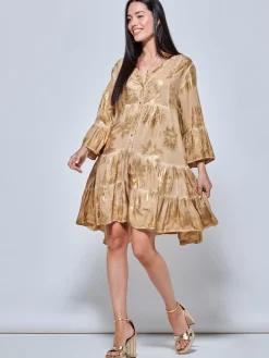 Printed Tiered Hem Holiday Midi Dress, Khaki Pattern
