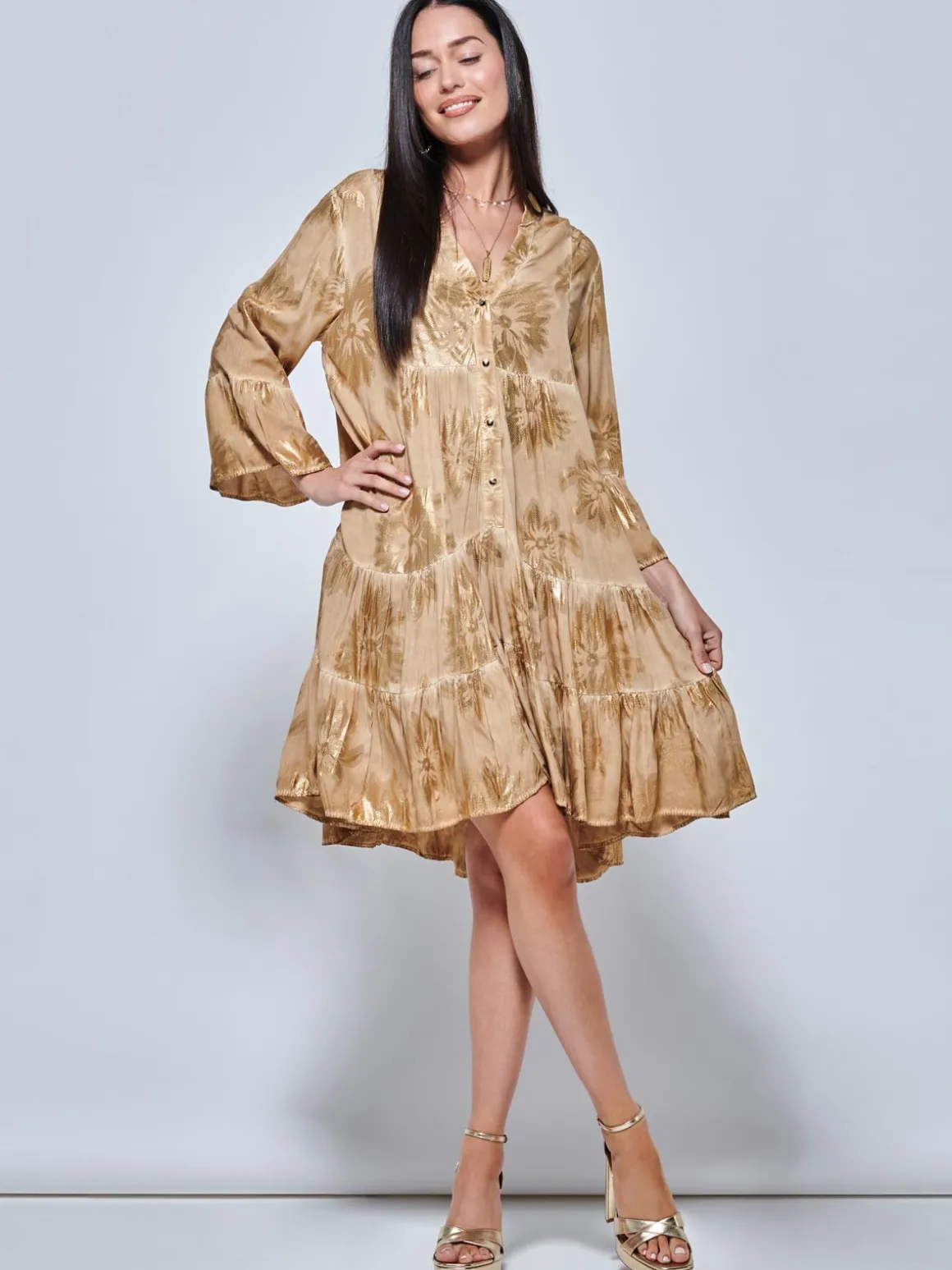 Printed Tiered Hem Holiday Midi Dress, Khaki Pattern