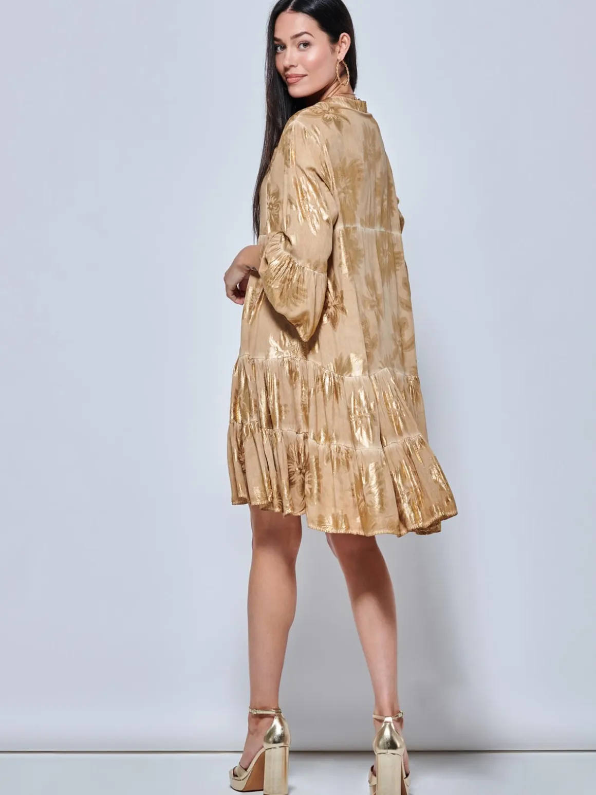 Printed Tiered Hem Holiday Midi Dress, Khaki Pattern