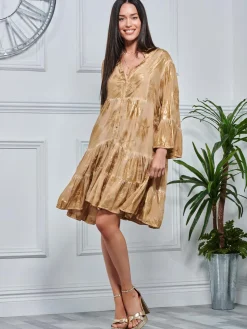 Printed Tiered Hem Holiday Midi Dress, Khaki Pattern