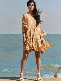 Printed Tiered Hem Holiday Midi Dress, Khaki Pattern