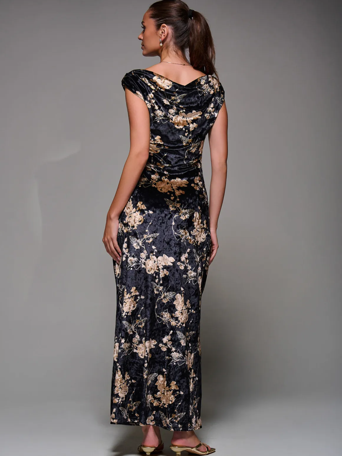 Printed Velvet Draped Maxi Dress, Black Floral