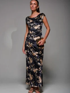 Printed Velvet Draped Maxi Dress, Black Floral