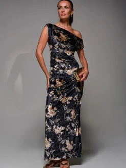 Printed Velvet Draped Maxi Dress, Black Floral