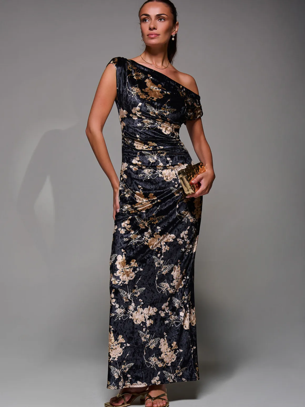 Printed Velvet Draped Maxi Dress, Black Floral