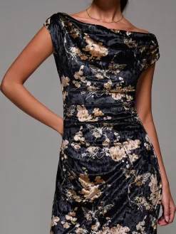 Printed Velvet Draped Maxi Dress, Black Floral