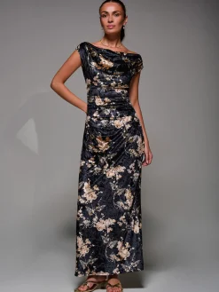 Printed Velvet Draped Maxi Dress, Black Floral