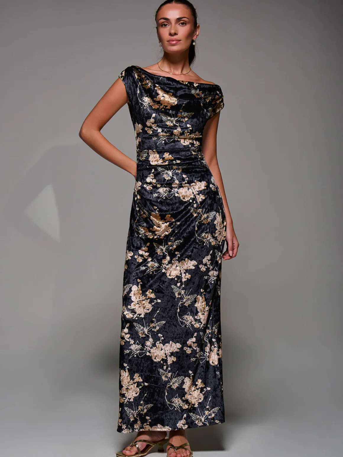 Printed Velvet Draped Maxi Dress, Black Floral