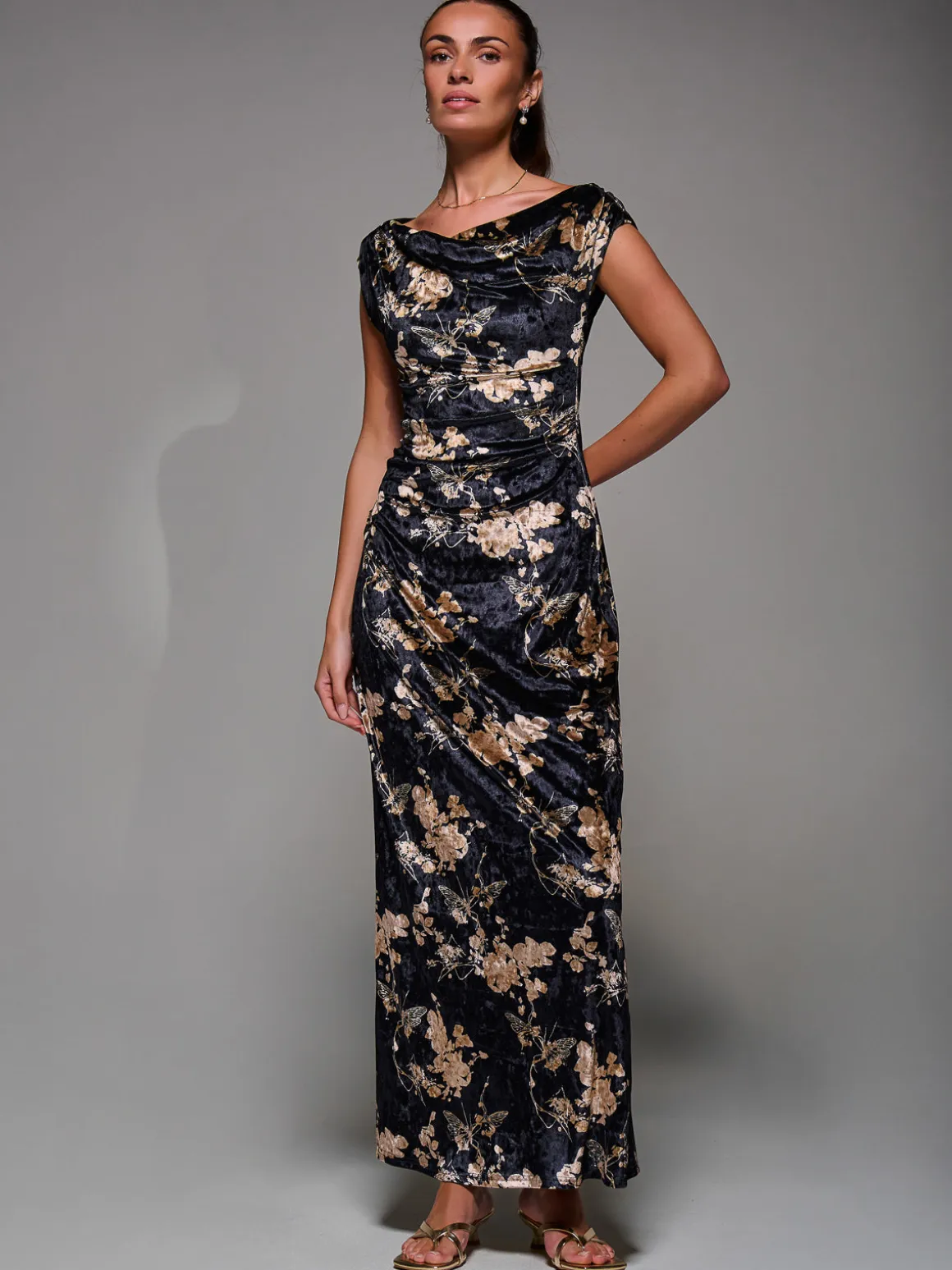 Printed Velvet Draped Maxi Dress, Black Floral