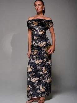 Printed Velvet Draped Maxi Dress, Black Floral