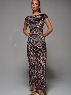 Printed Velvet Draped Maxi Dress, Brown Animal