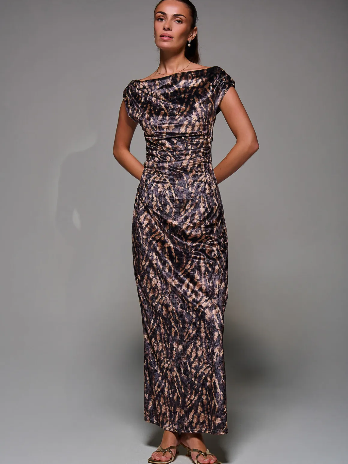 Printed Velvet Draped Maxi Dress, Brown Animal