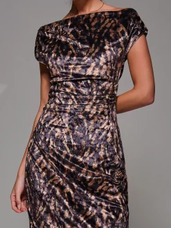 Printed Velvet Draped Maxi Dress, Brown Animal