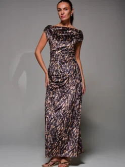 Printed Velvet Draped Maxi Dress, Brown Animal