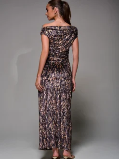Printed Velvet Draped Maxi Dress, Brown Animal