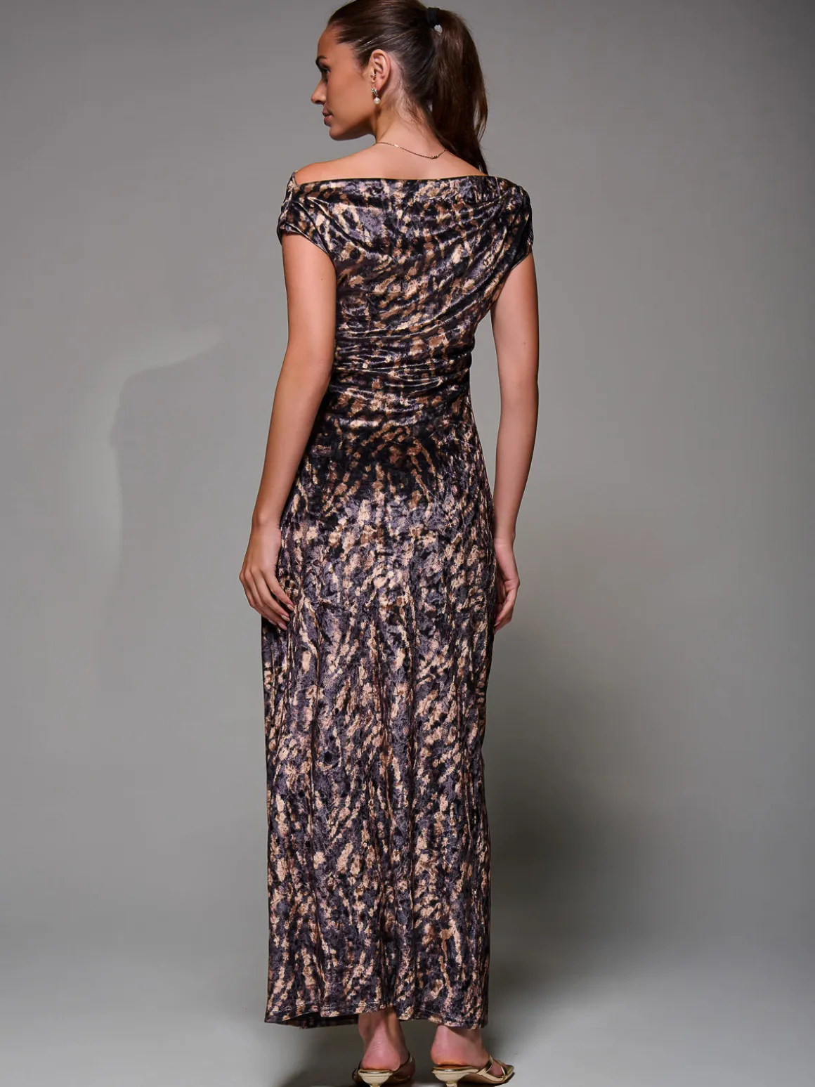 Printed Velvet Draped Maxi Dress, Brown Animal
