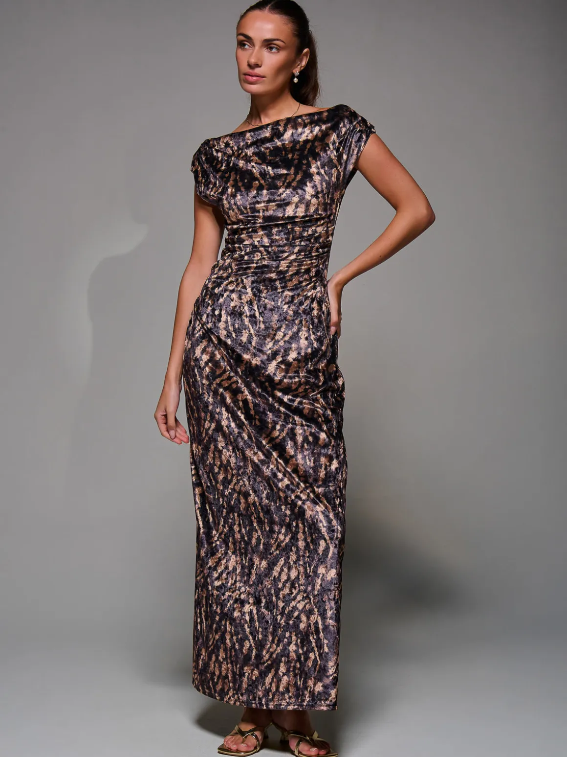 Printed Velvet Draped Maxi Dress, Brown Animal