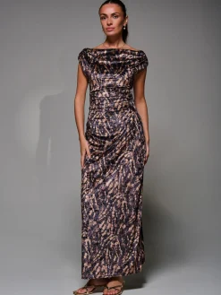 Printed Velvet Draped Maxi Dress, Brown Animal
