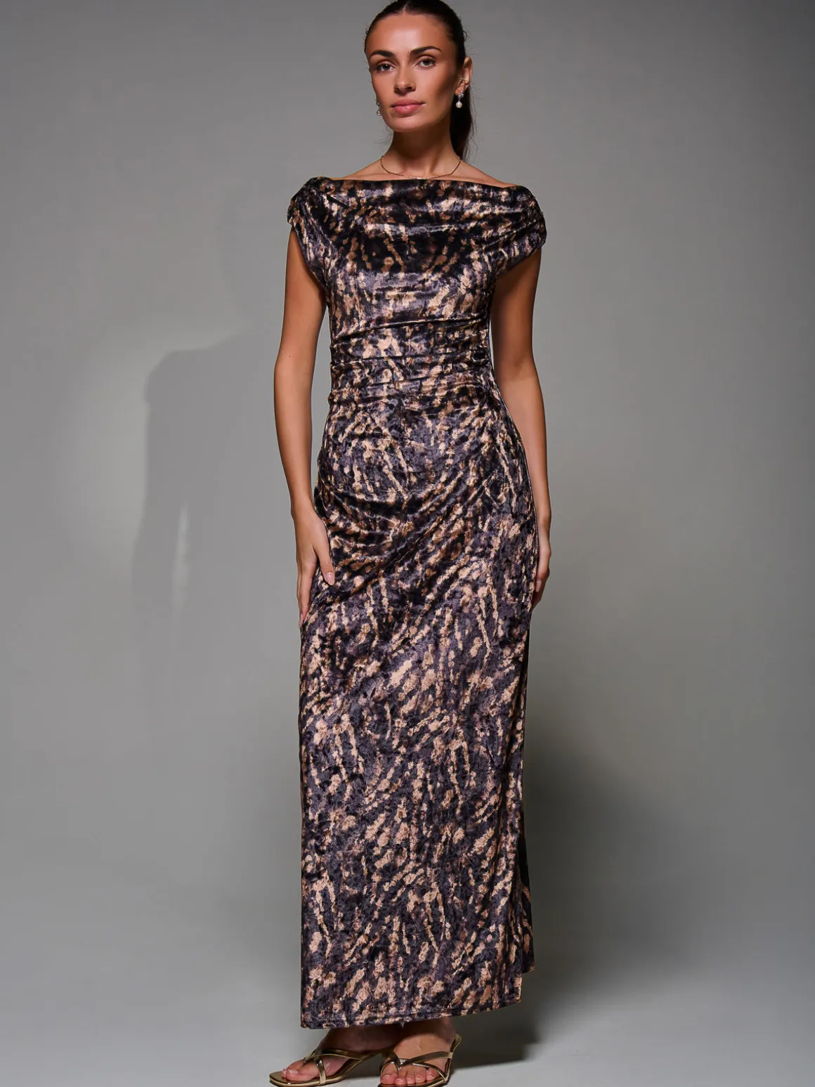 Printed Velvet Draped Maxi Dress, Brown Animal