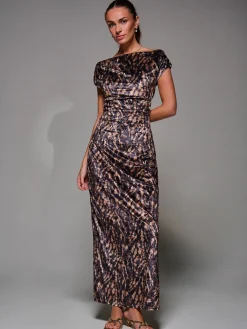 Printed Velvet Draped Maxi Dress, Brown Animal