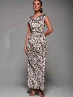 Printed Velvet Draped Maxi Dress, Neutral Animal