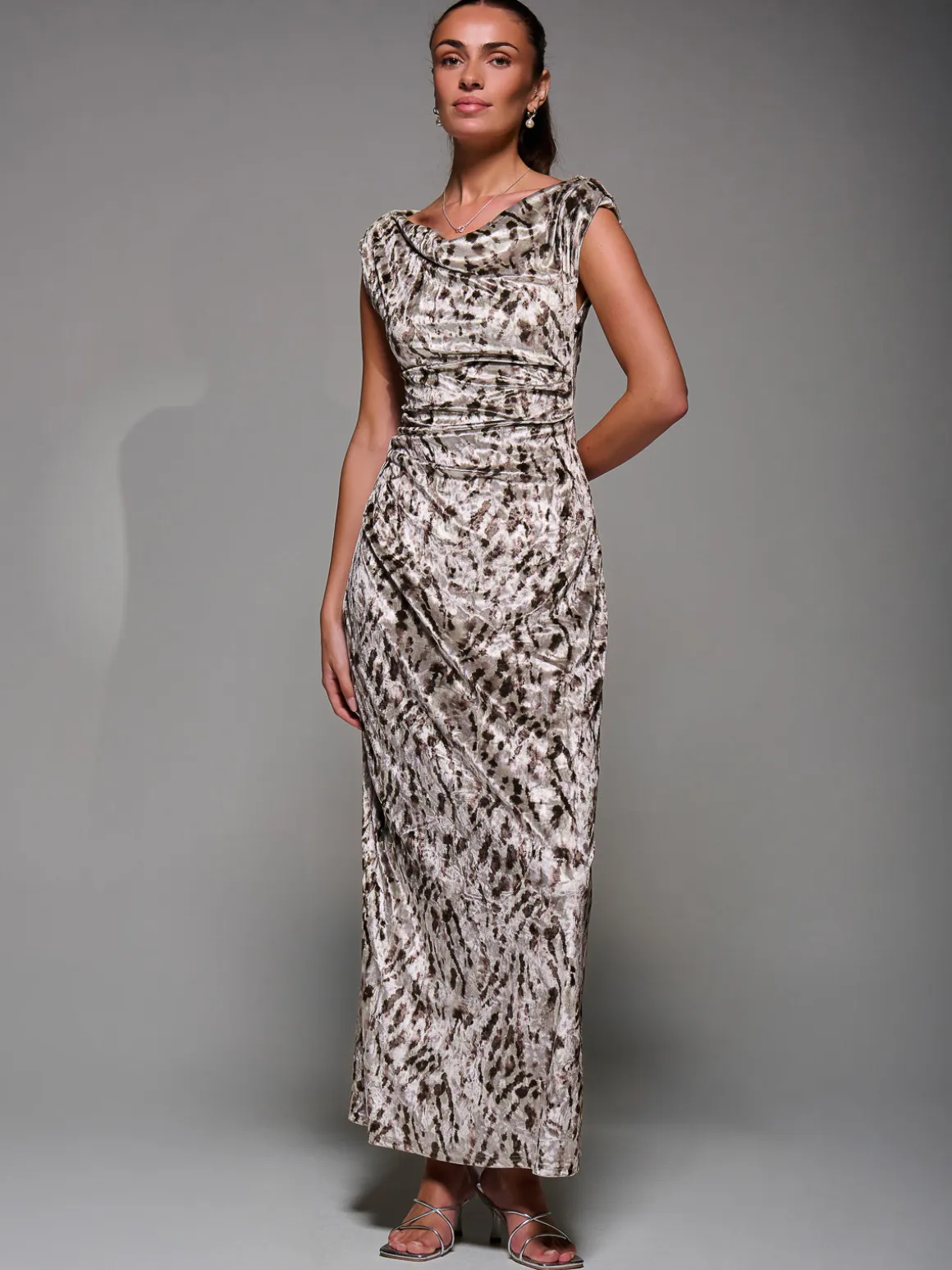 Printed Velvet Draped Maxi Dress, Neutral Animal