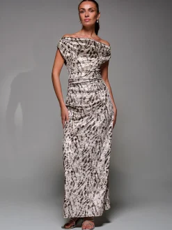 Printed Velvet Draped Maxi Dress, Neutral Animal